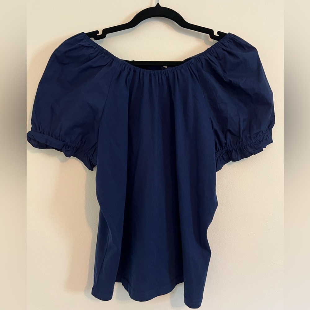 J.Crew Women Navy Blue Off-Shoulder Top $59 Casual Tie Bow Back Cinched Medium